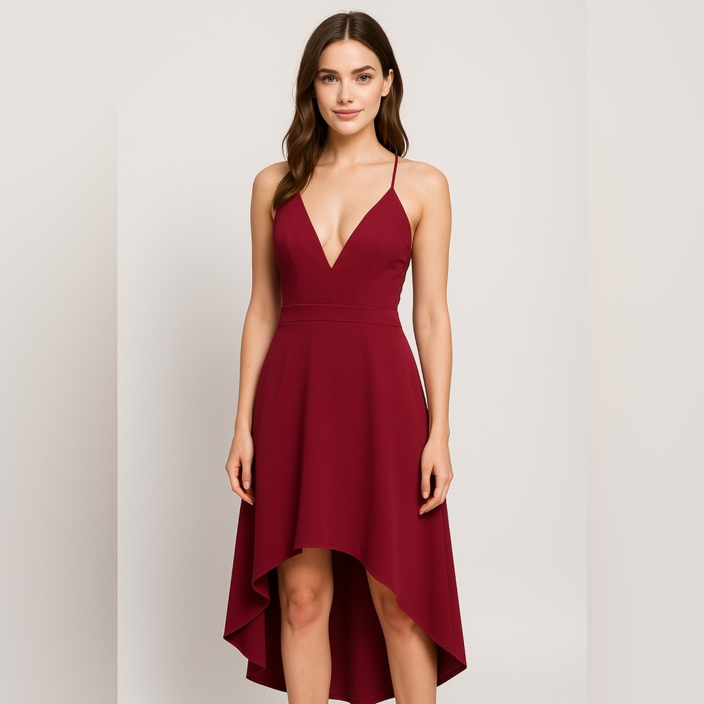 Charlotte Russe Burgundy Lace Back High-Low Midi Dress | Size M Women‎